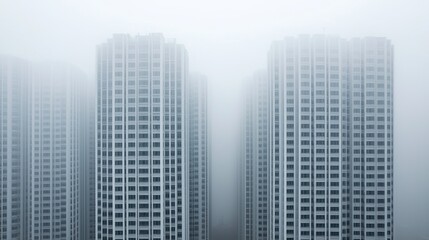 Fototapeta premium A cloudy view of tall buildings partially obscured by fog, creating a mysterious and serene urban landscape.
