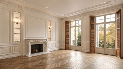 Obraz premium Luxurious Classic Interior, ornate details, marble Fireplace, Forest view, sunlight, ultra-detailed V3