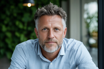 Fototapeta premium A warm, natural light portrait of professional man with beard, showcasing confidence and approachability in modern setting
