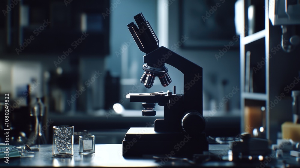Poster a microscope sitting on a table, ready for use