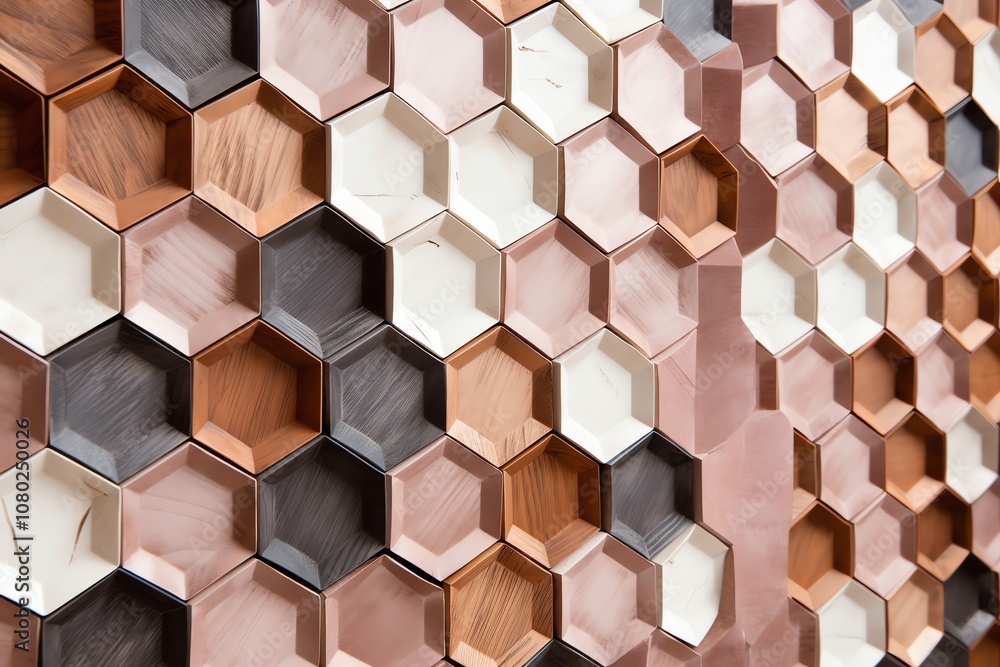 Poster a geometric pattern of hexagonal tiles in brown, white, and black, creating a textured surface.
