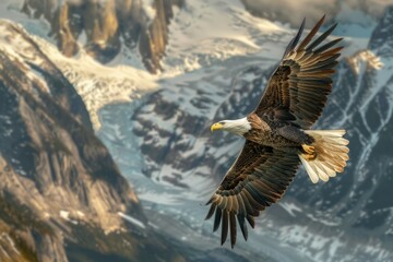 Obraz premium An American Bald Eagle soaring over a mountains in daytime. Neural network ai generated art