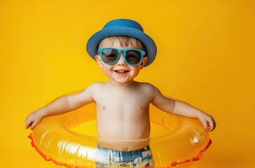 A little boy wearing sunglasses and a blue hat is holding an inflatable ring, smiling happily against a yellow background.
