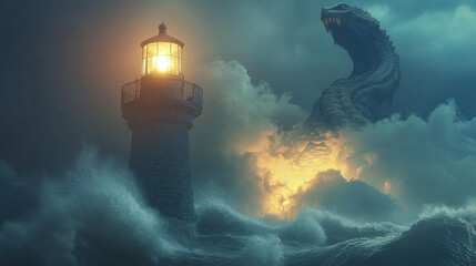 A lone lighthouse keeper spotting a sea monster from his lantern-lit tower, with crashing waves below