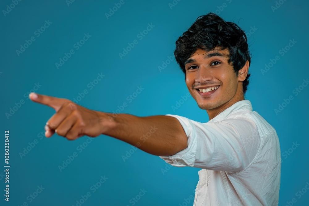 Poster a person pointing out something with his index finger