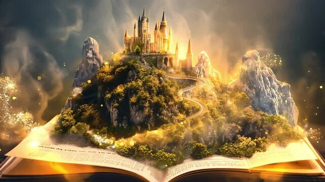 An open book with a fairy tale castle, mountains and a river emerging from its pages, Fantasy and storytelling, Magical world	

