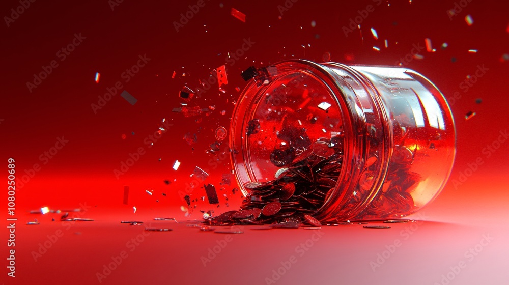 Poster shattered coin jar with coins spilling out depicting the breakdown of financial security bankruptcy 