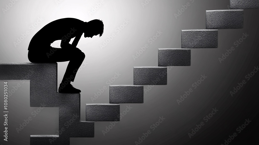 Poster individual sitting in despair on a staircase with head down symbolizing the emotional toll of financ