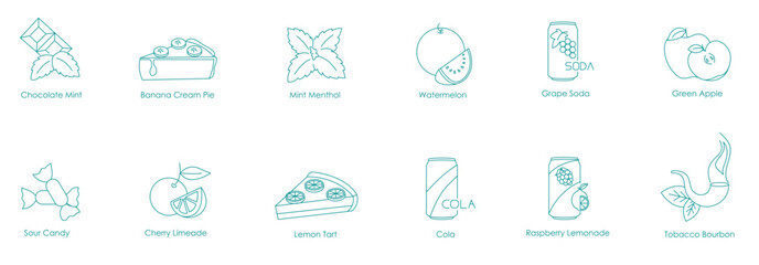 Chocolate Mint, Banana Cream Pie, Mint Menthol, Watermelon, Grape Soda, Green Apple, Sour Candy, Cherry Limeade, Lemon Tart, Cola, Raspberry Lemonade, Tobacco Bourbon Vape Icon Set Design 