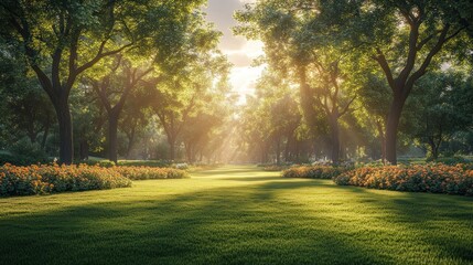 Obraz premium Serene park scene with sunlight filtering through lush trees.