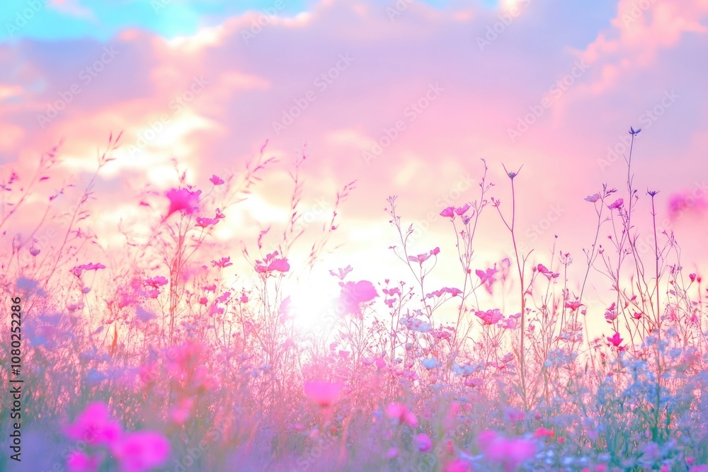 Poster A scenic view of a field of colorful flowers with the sun setting in the background, suitable for use as a nature or landscape image