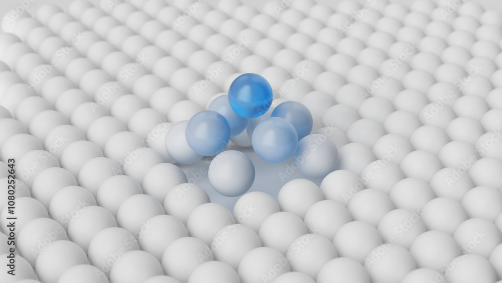 Poster 3d render, abstract background of white and blue balls. close-up of microscopic spherical particles,