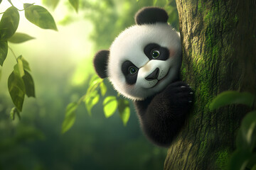 Obraz premium A charming baby panda climbing a tree, surrounded by lush greenery, showcasing its playful spirit. A panda cub exploring its environment.