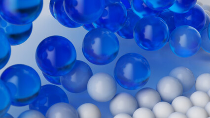 3d render image of blue glass balls and white solid balls mixed together. Abstract background of microscopic particles