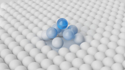 3d render, abstract background of white and blue balls. Close-up of microscopic spherical particles, atomic structure with anomaly. Visual metaphor of deviation and alteration