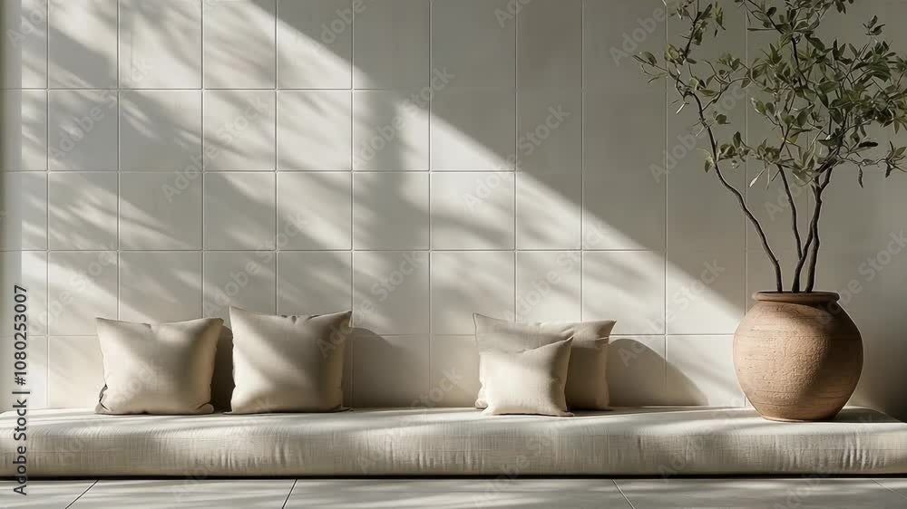 Poster sunlight streams through the windows, casting dappled shadows on the cushions of a plush bench