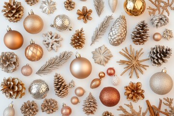 A tabletop decorated with gold and silver ornaments