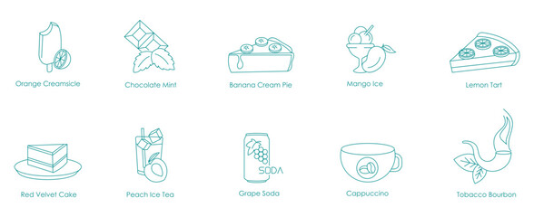 Orange Creamsicle, Chocolate Mint, Banana Cream Pie, Mango Ice, Lemon Tart, Red Velvet Cake, Peach Ice Tea, Grape Soda, Cappuccino, Tobacco Bourbon Vape Icon Set Design