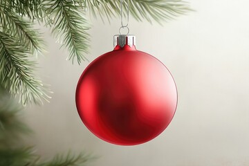 A red ornament hangs from a Christmas tree
