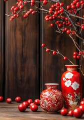 A set of red Chinese vases with intricate floral patterns placed on a wooden table, complemented by a cherry branch adorned with red berries