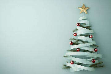 A Christmas tree made of light green and white ribbon strips, decorated with small red ornaments and a gold star on top, hanging from the wall
