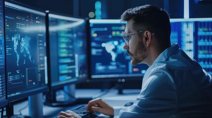 Fototapeta premium Focused Data Analyst Working with Multiple Monitors in a Dark Environment