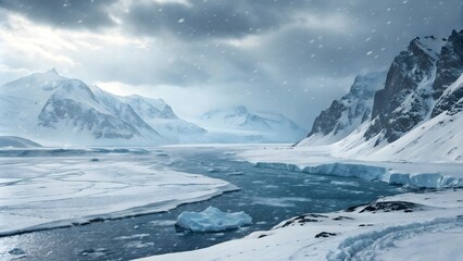 Obraz premium Arctic Winter Landscape with Glaciers and Blizzards, Frozen Sea and Snow-Covered Glaciers in the Arctic 