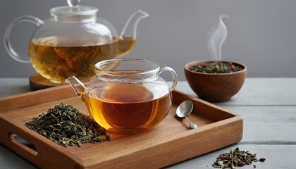 Fototapeta premium Glass teapot full of hot tea with dried pink coloured tea leaves 408