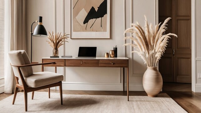 Elegant home office in Parisian style with marble fireplace, herringbone floors, and minimalist decor V7