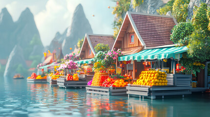 Fototapeta premium Waterfront Market Stall with Fruit and Mountain View, Thailand