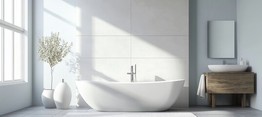 Modern Minimalist Bathroom with Freestanding Tub, Olive Tree, and Sunlight Streaming Through Window.