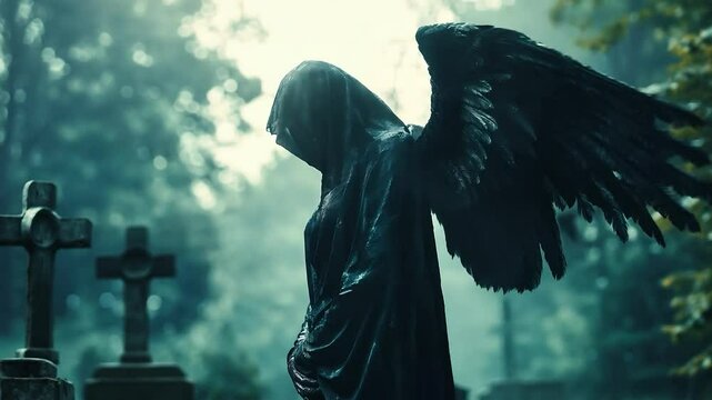 The scary angel of death is haunted by a graveyard