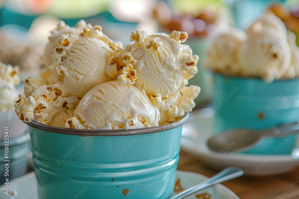 Poster a single serving of creamy ice cream sits atop a table, perfect for snacking or as a centerpiece for