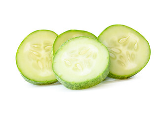 Front view of green cucumber slices or pieces in stack isolated on white background with clipping path