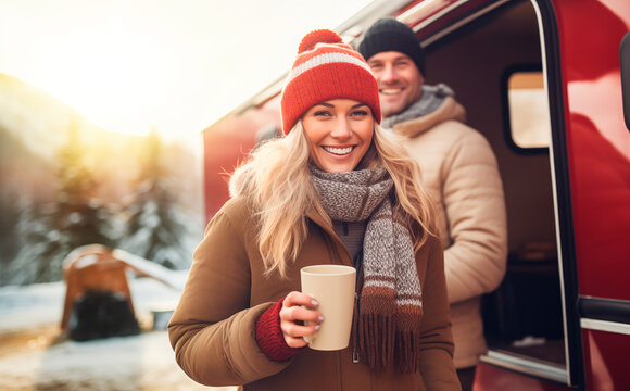 Feliz pareja sonriente tomando un caf&eacute; en invierno con monta&ntilde;as nevadas de fondo disfrutando de su viaje en autocaravana, casa rodante. Concepto de aventuras y viaje.