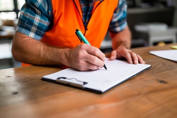 A man in an orange vest is writing on a clipboard