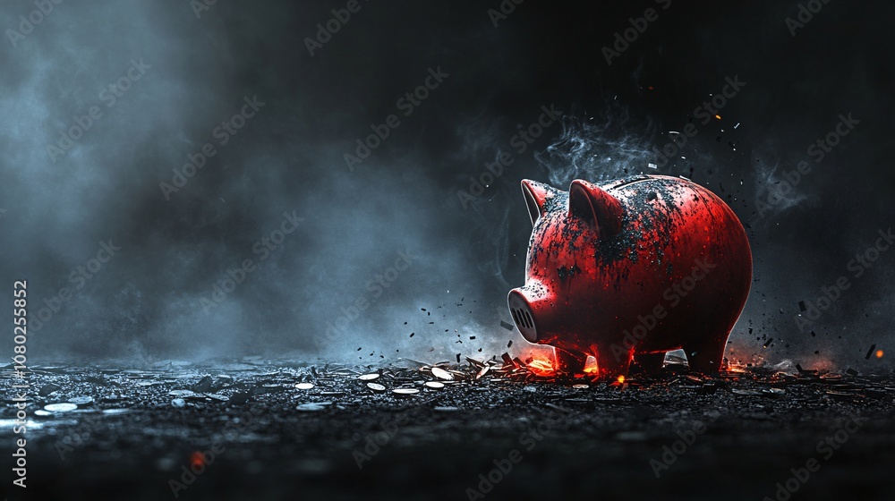 Poster A broken piggy bank with coins and dust surrounding it representing depleted finances and hardship Bankruptcy concept with side empty space for text Stockphoto style