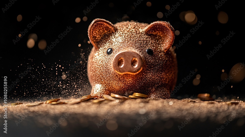 Poster A broken piggy bank with coins and dust surrounding it representing depleted finances and hardship Bankruptcy concept with side empty space for text Stockphoto style