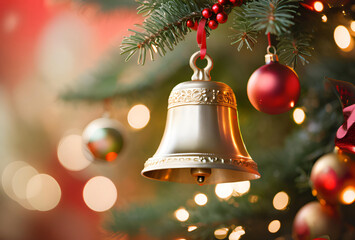 Touches of Grandeur: The Golden Bell Capturing Eyes with Its Notable Shine and Red Bow in a Festive Setting.
