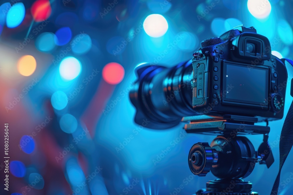 Poster a still life photo of a camera on a tripod in front of a blue background