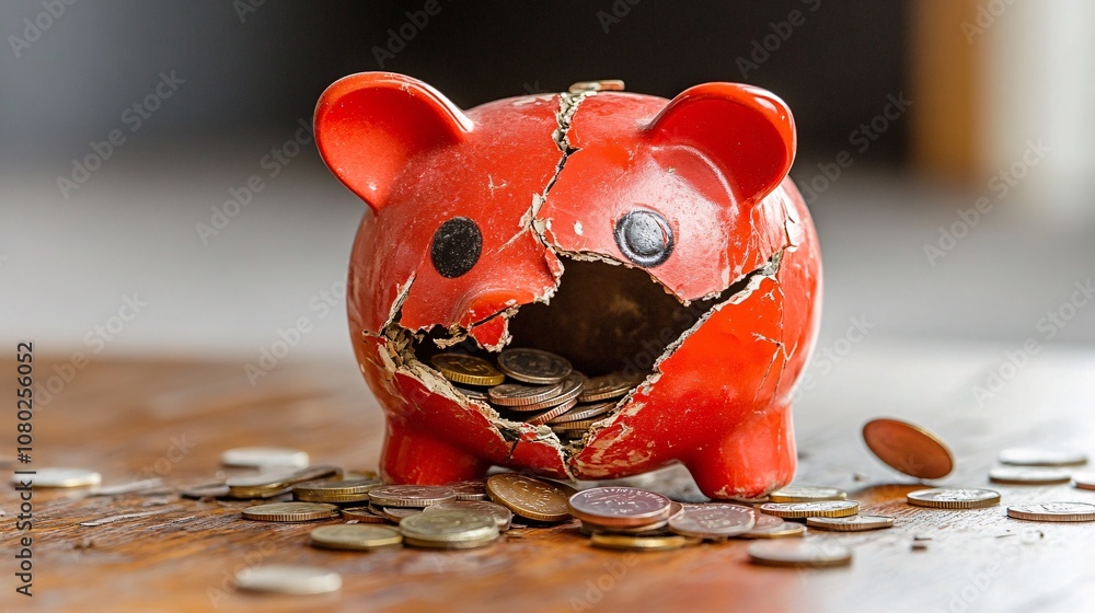 Poster A broken piggy bank with coins and dust surrounding it representing depleted finances and hardship Bankruptcy concept with side empty space for text Stockphoto style