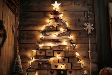 A wall-mounted Christmas tree made of white ribbon with stars and lights, a wooden box under it