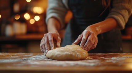 Woman Kneading Dough in a Kitchen