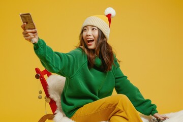 A woman sits in a chair taking a selfie with her phone, ready for social media sharing