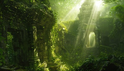 Sunbeams Illuminating a Stone Temple Overgrown with Lush Greenery