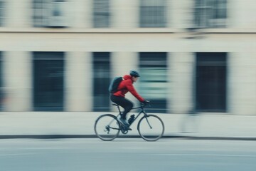 A man in a red jacket rides a bicycle down a street