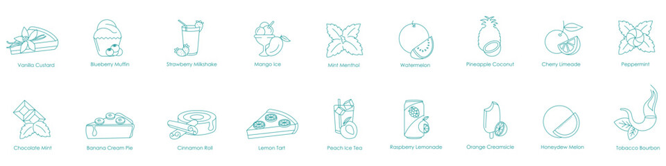 Vanilla Custard, Blueberry Muffin, Strawberry Milkshake, Mango Ice, Mint Menthol, Watermelon, Pineapple Coconut, Cherry Limeade, Peppermint, Chocolate Mint, Banana Cream Pie, Cinnamon Roll icons