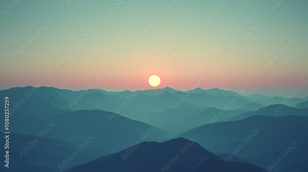 Poster Sunrise over a misty mountain range with soft pastel colors creating a calming and peaceful atmosphere with side empty space for text Stockphoto style