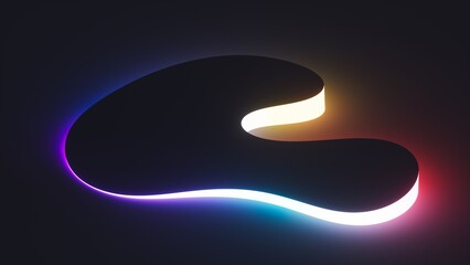 3d render. Abstract geometric background. Glowing curvy shape and bright gradient neon light in the dark. Modern wall lamp creating futuristic vibes