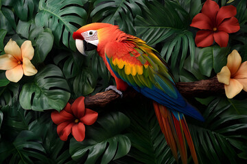 Obraz premium A colorful parrot perched on a tropical branch with bright flowers in the background, symbolizing exotic beauty. A parrot in a lush environment.